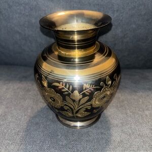 Vintage Black and Gold Floral Brass Vase - Home Accents